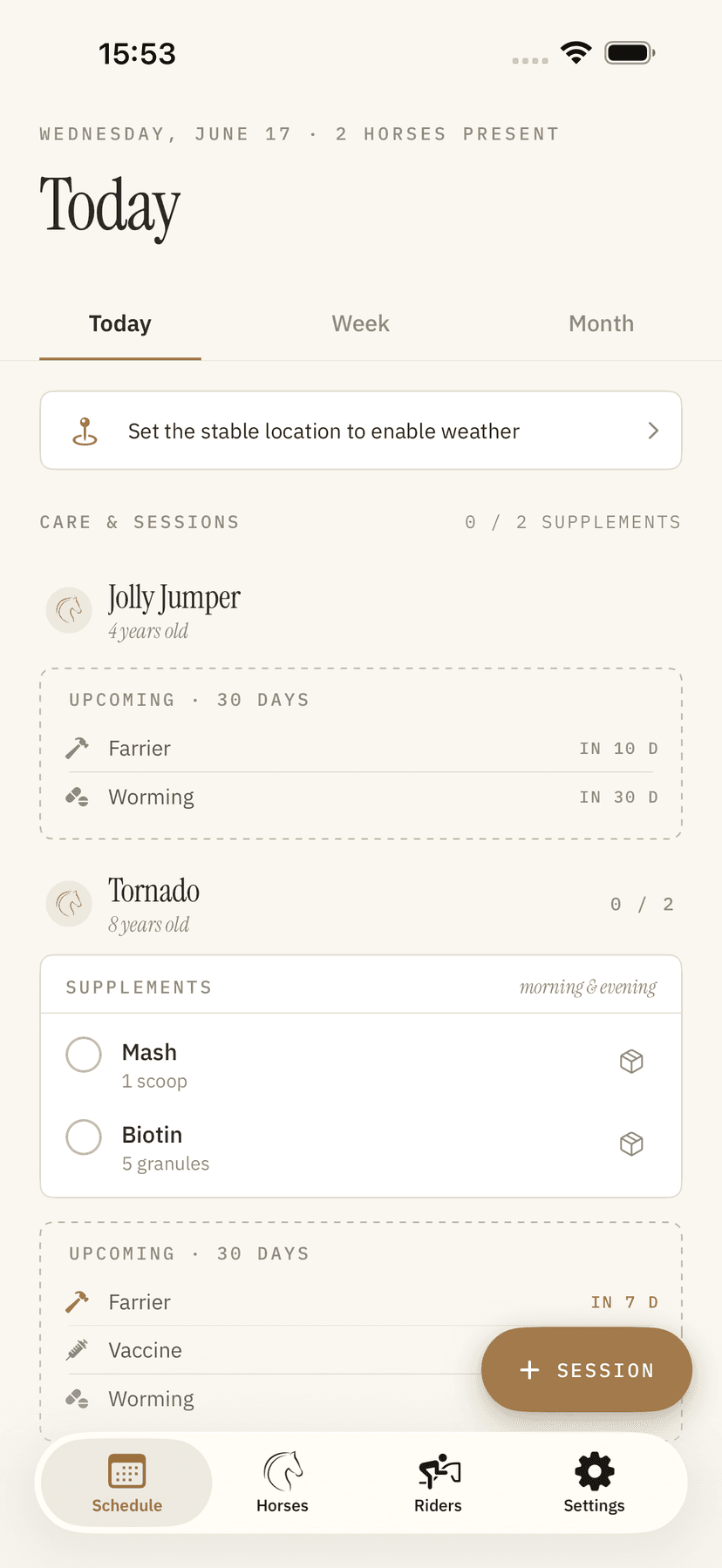 Preview of BarnMate's Today screen